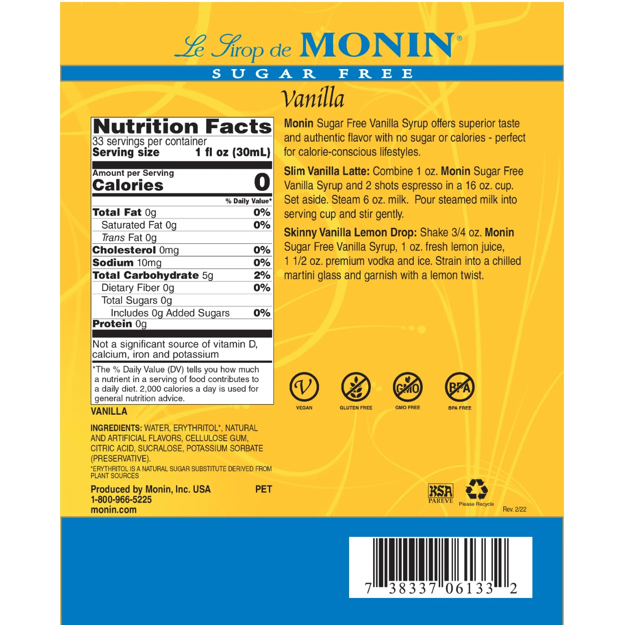 Monin Vanilla Sugar Free Syrup - Image 2